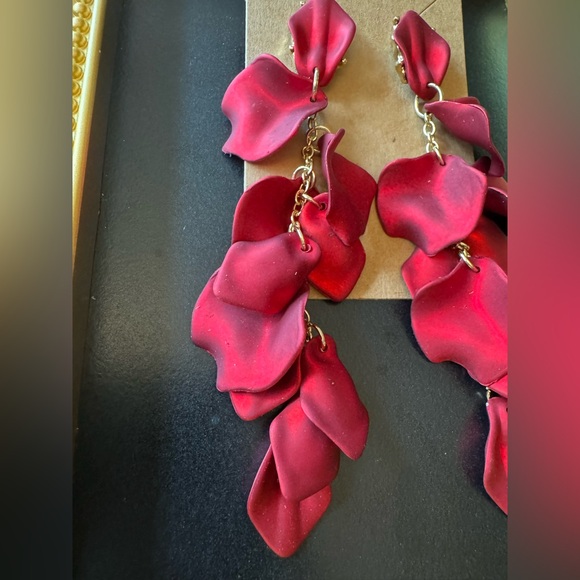 Long Red Petal Drop Earrings - Picture 3 of 6